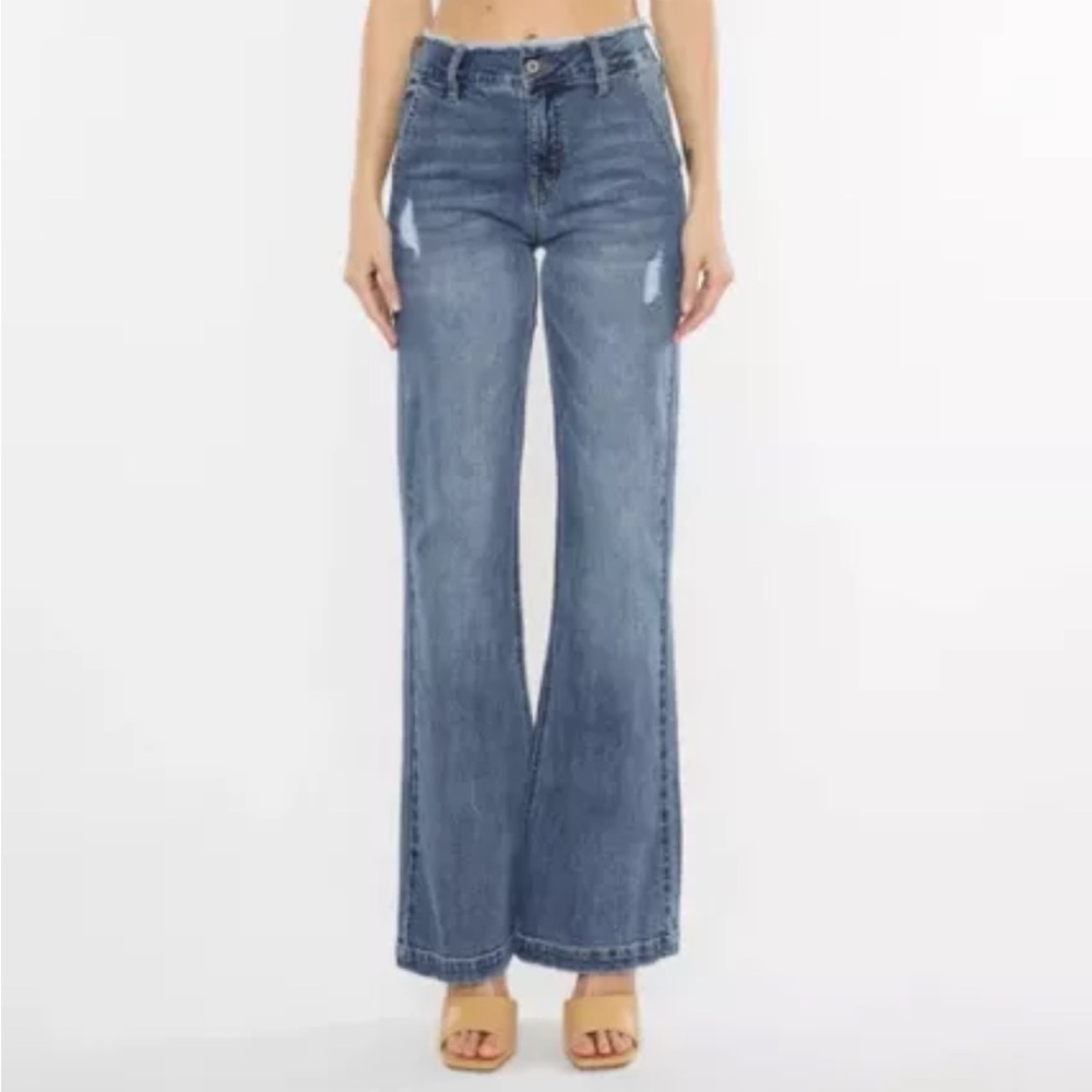KanCan High-Waist Wide Leg Flare Jeans in Medium Blue